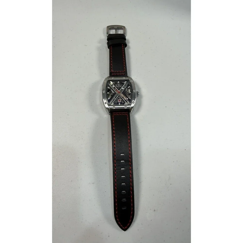 Aokulasic Men’s Automatic Skeleton Tonneau Watch Leather Strap 41mm
